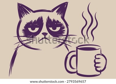 A purple illustration of grumpy cat holding a steaming hot coffee mug on a beige background with a displeased expression