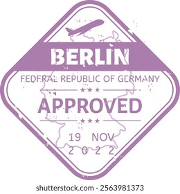 Purple immigration control stamp featuring an airplane, the date, the name of the city and country, and the word approved, simulating a visa stamp for tourists and travelers