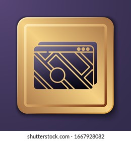 Purple Infographic of city map navigation icon isolated on purple background. Mobile App Interface concept design. Geolacation concept. Gold square button. Vector Illustration
