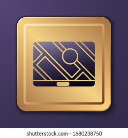 Infografía púrpura del icono de navegación del mapa de la ciudad aislado en fondo morado. Diseño de concepto de Interfaz de aplicación móvil. Concepto de geolacación. Botón Gold Square. Ilustración vectorial
