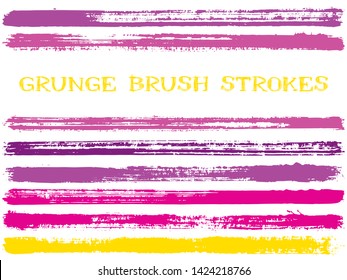 Purple ink brush strokes isolated design elements. Set of paint lines. Abstract stripes, textured paintbrush stroke shapes. Collection of ink brushes, stripes isolated on white, vector paint samples.