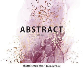 Purple ink watercolor design. Modern alcohol ink texture, grunge brush abstract art with gold foil splashes. Artistic background in vector.