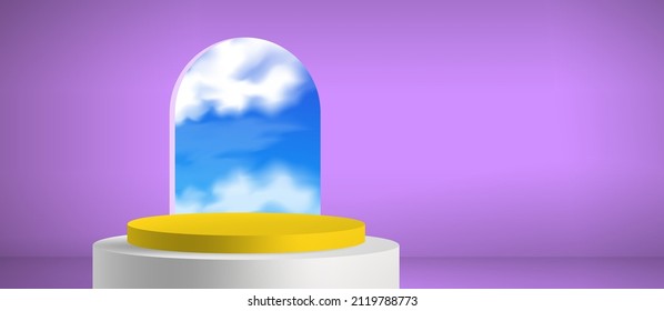 purple interior with arch window sky cylinder podium product presentation copy space mock up vector illustration