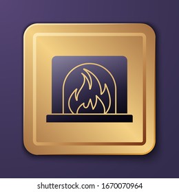 violettes Symbol für den Kamin einzeln auf violettem Hintergrund. Goldquadrat-Taste. Vektorillustration-Illustration