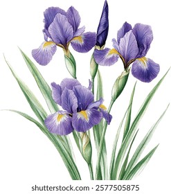 Purple iris. Floral botanical flower. Watercolour drawing aquarelle isolated. Isolated iris illustration vector  element.