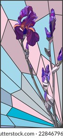 Purple iris flower with buds on a bright background in the style of applique or stained glass, decor element, design, postcards, poster, wallpaper, postcard, textiles, fabric, wrapper, packaging