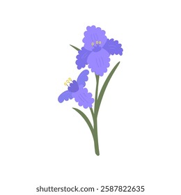 Purple iris flower with leaves. Vector flat illustration of floral bud on isolated background