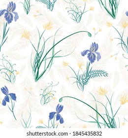 Purple Iris with yellow flowers seamless vector repeat pattern 