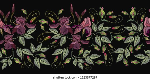 Purple irises flowers horizontal seamless pattern, clothes template. Spring garden art 