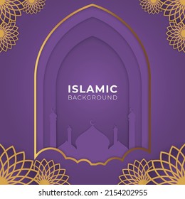 Purple Islamic background with flower decoration in paper style for Islamic new year, Ramadan, or Eid