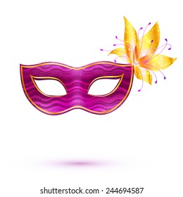 Purple isolated vector carnival mask with golden flower