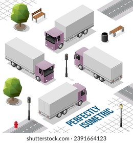 Purple Isometric Big Truck from the Front Back Right and Left Views isolated on White
