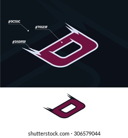 Purple isometric D letter on white and dark background. Vector abstract illustration