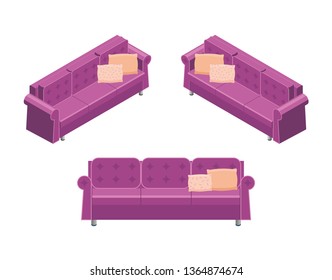 Purple isometric geometric stylish sofa for home and office isolated on a white background. Couch flat illustration for advertising banner concept for furniture stores, for mobile applications or game
