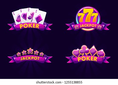 Depósito púrpura y emblema de POKER. Iconos para lotería o casino, icono de ranura con cinta y 777. Vector Aislado con cuatro emblemas