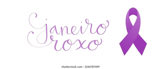 Purple January in portuguese Janeiro Roxo, Brazil campaign for hansen disease awareness banner. Handwritten calligraphy lettering vector art