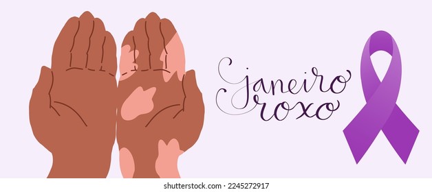 Purple January in portuguese Janeiro Roxo, Brazil campaign for hansen disease awareness banner. Handwritten calligraphy lettering. Human hand with white patches on skin illustration vector art