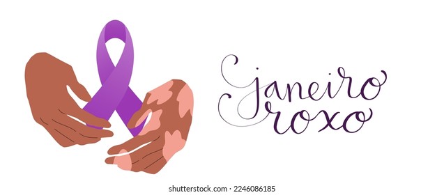 Purple January in portuguese Janeiro Roxo, Brazil campaign for hansen disease awareness banner. Handwritten calligraphy lettering. Human hand with white patches on skin illustration vector art