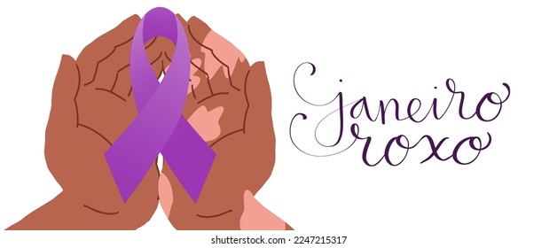 Purple January in portuguese Janeiro Roxo, Brazil campaign for hansen disease awareness banner. Handwritten calligraphy lettering. Human hand with white patches on skin illustration vector art