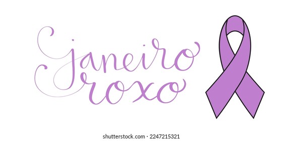 Purple January in portuguese Janeiro Roxo, Brazil campaign for hansen disease awareness banner. Handwritten calligraphy lettering vector art