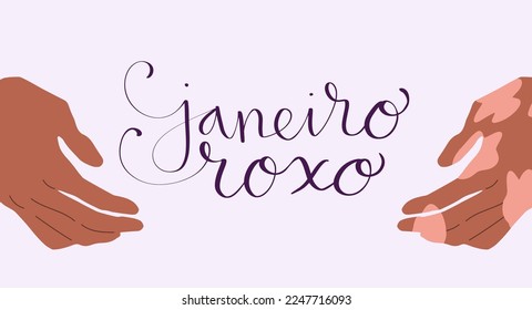 Purple January in portuguese Janeiro Roxo, Brazil campaign for hansen disease awareness banner. Handwritten calligraphy lettering. Human hand with white patches on skin illustration vector art