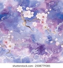 Purple Japanese Cherry Blossoms Kimono Yukata Pink Red Blue Sakura Colorful Seamless Pattern Wallpaper Curtain Bedding Background Upholstery Gift Wrapping Paper Vector 