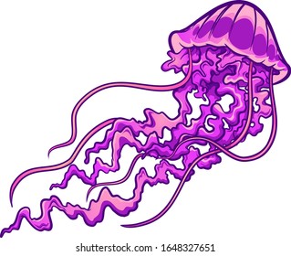 Purple jelly fish swimming up cartoon. Vector clip art illustration with simple gradients. All in a single layer.
