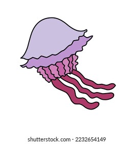 Purple jellyfish with a black contour is isolated on a white background. The marine animal is hand - drawn. Vector illustration.