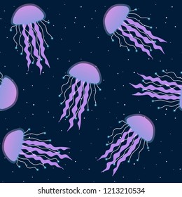 purple jellyfish on a dark blue background seamless pattern underwater sea medusa fluorescent srar vector.