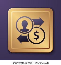 Purple Job promotion exchange money icon isolated on purple background. Success, achievement, motivation business symbol, growth. Gold square button. Vector Illustration