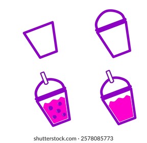 purple juice with boba illustration vector design, steps to draw purple juice with boba, tutorial to draw purple juice with boba for kids. 