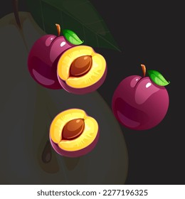 Purple Juicy Bright Fresh Ripe Plum Vector Illustration