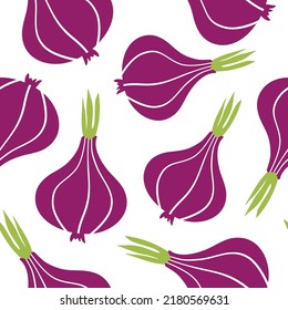 Purple juicy onion pattern. Vector illustration isolated on white background. Cartoon design for paper, textile, gift wrapping, interior decor, menu.