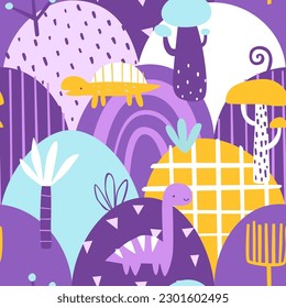 Purple jurassic pattern with dino on the hills. Seamless vector print with abstract jurassic landscape for baby textile and fabric.