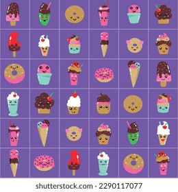 Purple Kawaii sweets seamless pattern. Kawaii ice cream, cupcakes, milkshakes, and donuts.