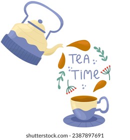 Purple kettle and cup with tea, leaves and floral. Tea time