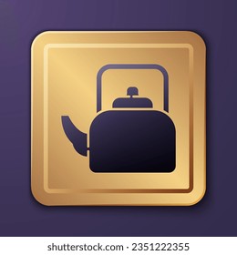 Purple Kettle with handle icon isolated on purple background. Teapot icon. Gold square button. Vector