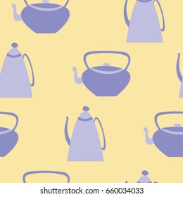 purple kettles pattern on yellow background. Kitchen furniture seamless pattern.