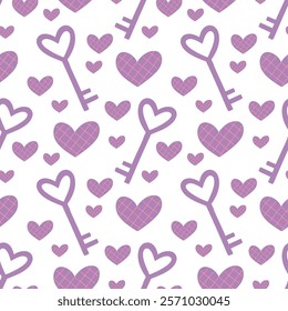 Purple keys and hearts, valentine's day, scandinavian style, perfect for fabric, wrapping paper, textile, baby bedding, wallpaper, pajamas.