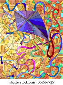 Purple kite with colorful ribbons in the sun and orange sky in the stained glass style