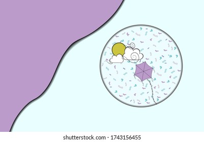purple kite flies with colorful ornaments in the tail of the kite, sun and clouds, blank blue and purple area paper cut style