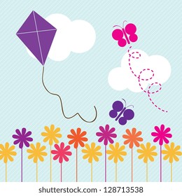 Purple Kite flying in the sky of spring. On blue background