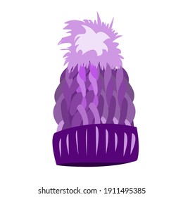 Sombrero de punto morado con una pompa sobre fondo blanco