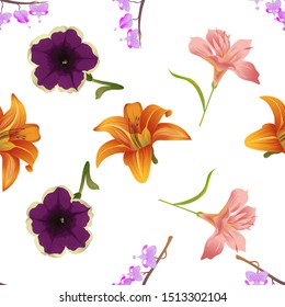 Purple Komakusa. Orange Daylily. Violet Petunia. Pink Amaryllis. Vector illustration. Seamless background pattern. Floral botanical flower. Wild leaf wildflower isolated. Exotic tropical hawaiian.