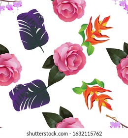 Purple Komakusa. Pink Balsam. Purple Banana Leaf. Orange Heliconia. Vector illustration. Seamless background pattern. Floral botanical flower. Wild leaf wildflower isolated. Exotic tropical hawaiian.