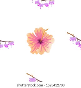 Purple Komakusa. Pink Hibiscus. Vector illustration. Seamless background pattern. Floral botanical flower. Wild leaf wildflower isolated. Exotic tropical hawaiian jungle. Fabric wallpaper print.