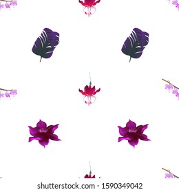 Purple Komakusa. Red Fuchsia. Purple Banana Leaf. Purple Clematis. Vector illustration. Seamless background pattern. Floral botanical flower. Wild leaf wildflower isolated. Exotic tropical hawaiian.
