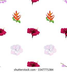 Purple Komakusa. Red Hibiscus. Orange Heliconia. White Camellia. Vector illustration. Seamless background pattern. Floral botanical flower. Wild leaf wildflower isolated. Exotic tropical hawaiian.