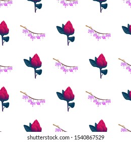 Purple Komakusa. Red Vriesea. Vector illustration. Seamless background pattern. Floral botanical flower. Wild leaf wildflower isolated. Exotic tropical hawaiian jungle. Fabric wallpaper print texture.