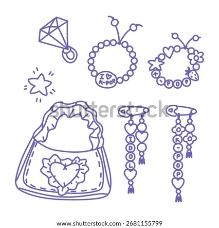 Purple K-Pop doodle includes fan jewelry of musical IDOL. Bracelets of beads in shape of flower, circle, heart, letters, chokers, pins, hairpins, rings, bag. Korea, fashion, youth, musical trends.